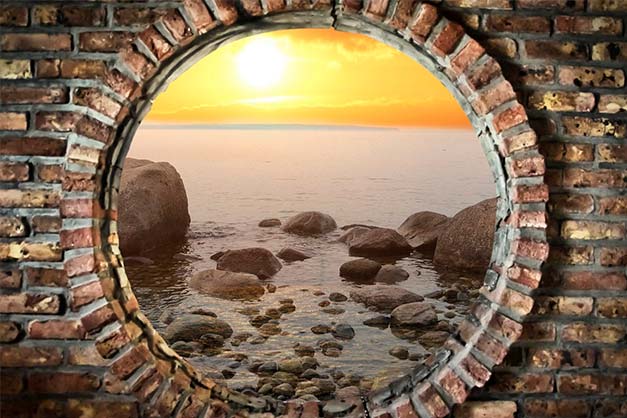 ocean view through circular window framing