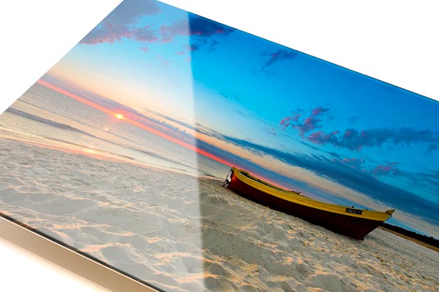 acrylic print of boat on beach shore during sunset