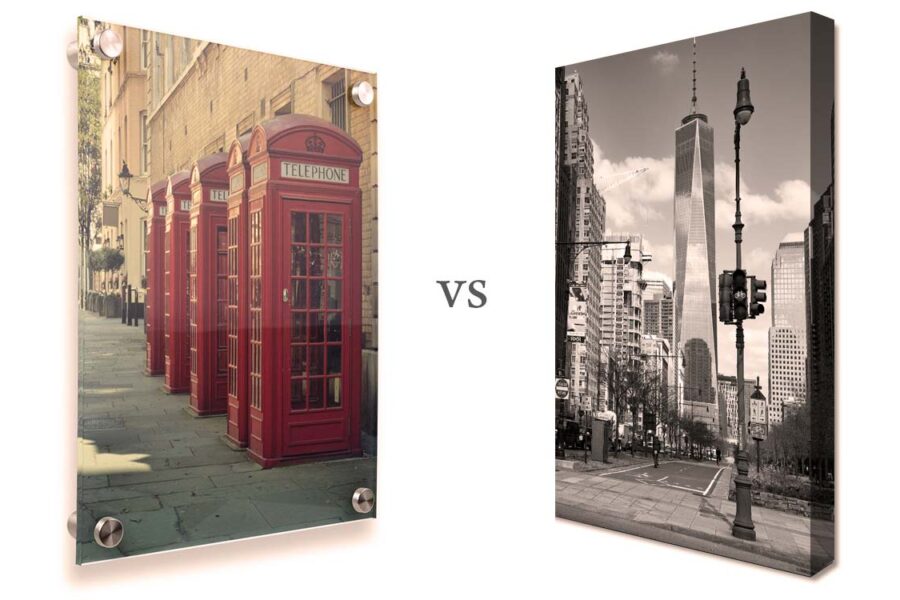 Acrylic photo print with standoff mounts next to a stretched canvas print comparing the two print types