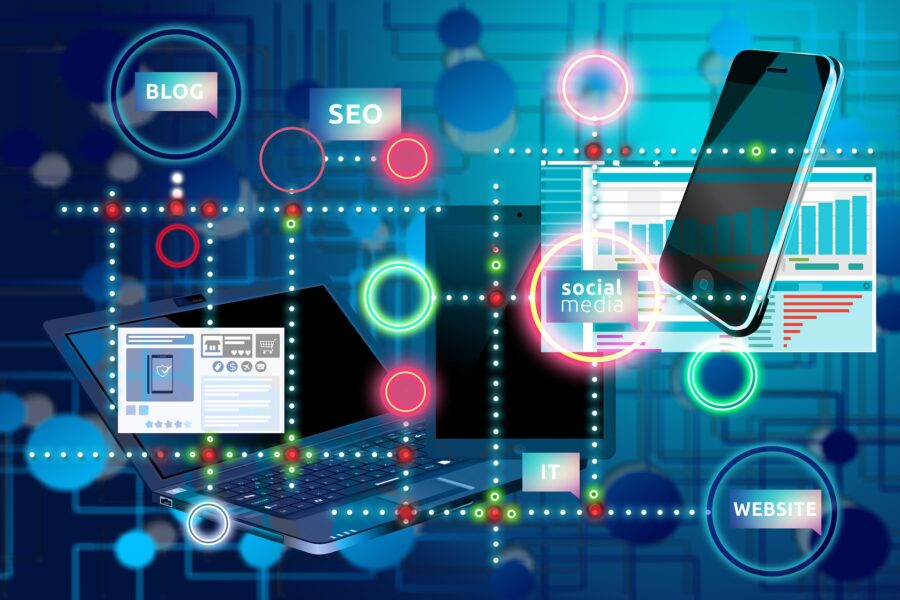 Laptop, tablet, and smartphone connected by digital lines labeled SEO, blog, social media, and website
