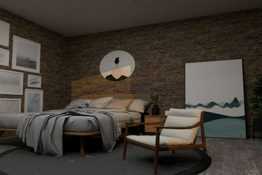 Bedroom with a framed gallery wall, a round print above the bed, and a large mountain print leaning on brick