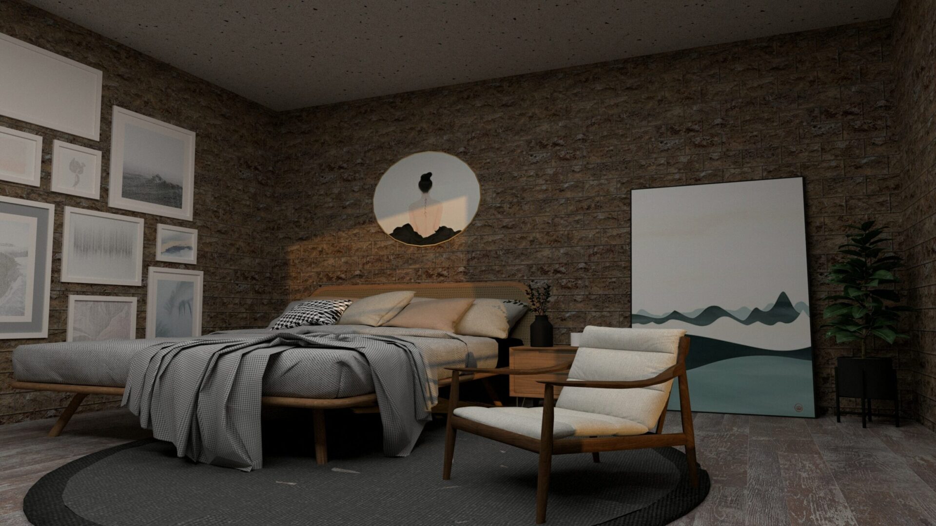 Bedroom with a framed gallery wall, a round print above the bed, and a large mountain print leaning on brick