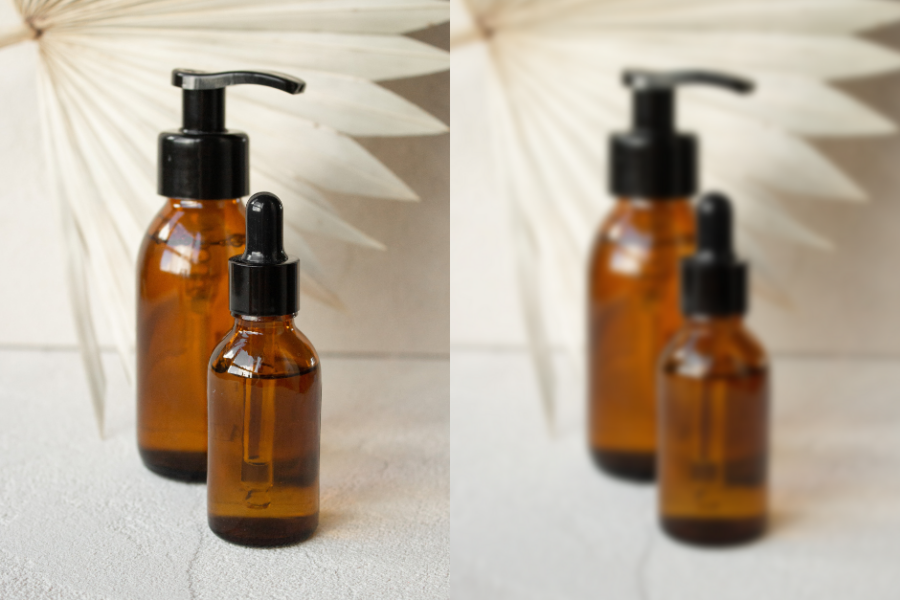 Side-by-side DIY product photography comparison of amber glass pump and dropper bottles, sharp on the left and blurred on the right