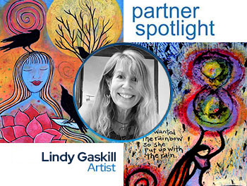 Partner spotlight cover featuring an acrylic painter alongside her colorful whimsical paintings