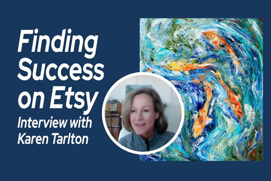 Webinar cover for an interview with a painter about selling original art and prints on Etsy