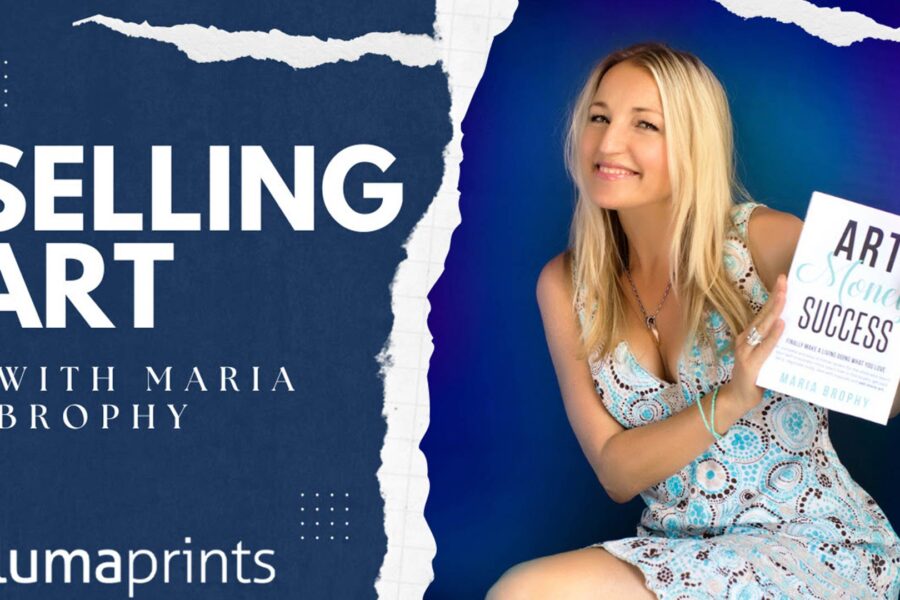 Webinar cover for a selling art interview with an art business consultant holding her book