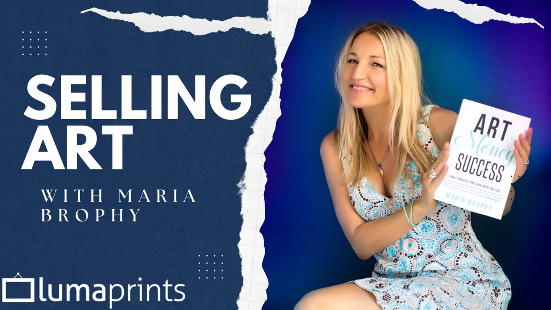 Webinar cover for a selling art interview with an art business consultant holding her book