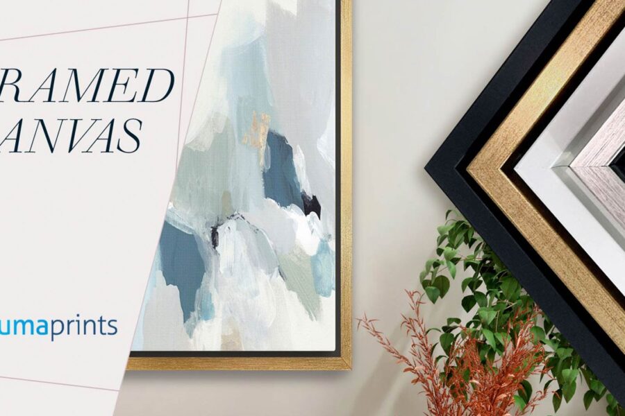 Framed canvas print in a gold floating frame beside black, gold, white, and silver frame corner samples