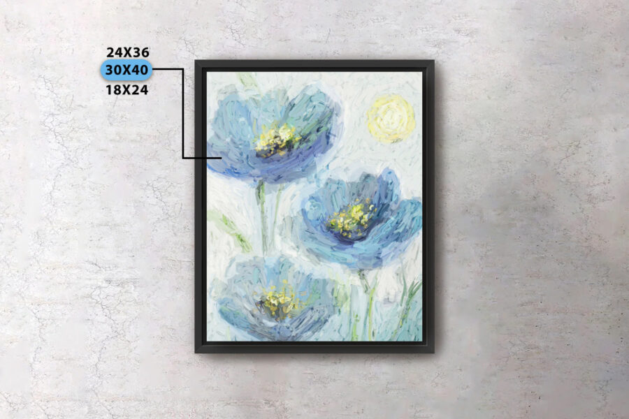 Framed canvas floral print on a wall with size variant options showing how wall art sizes are presented