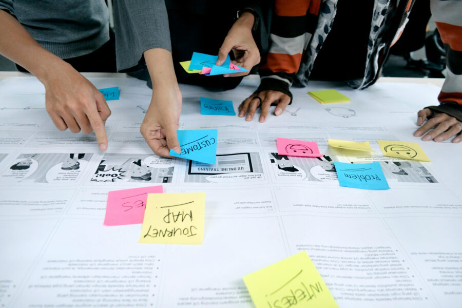 Team mapping a customer journey with sticky notes to plan engagement and loyalty strategies