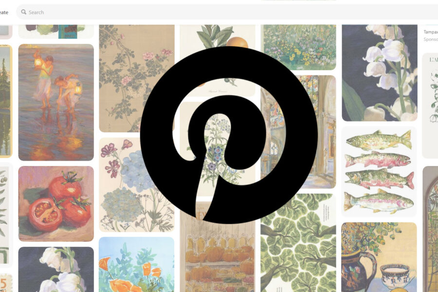 Pinterest feed filled with botanical and landscape art prints used for wall art marketing