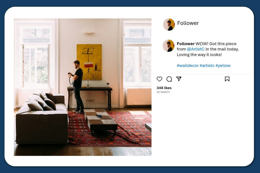 Social media post showing a customer photo of a purchased art print displayed in their living room