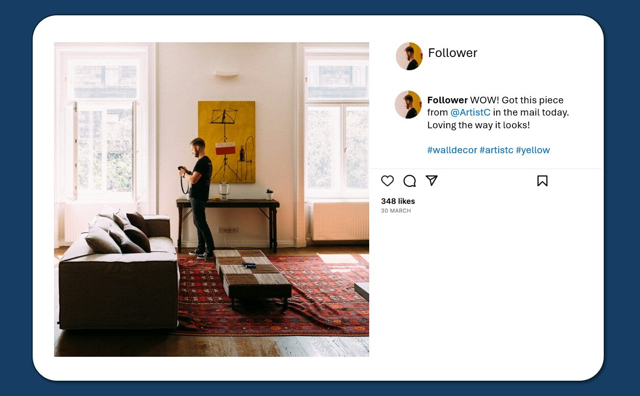 Social media post showing a customer photo of a purchased art print displayed in their living room