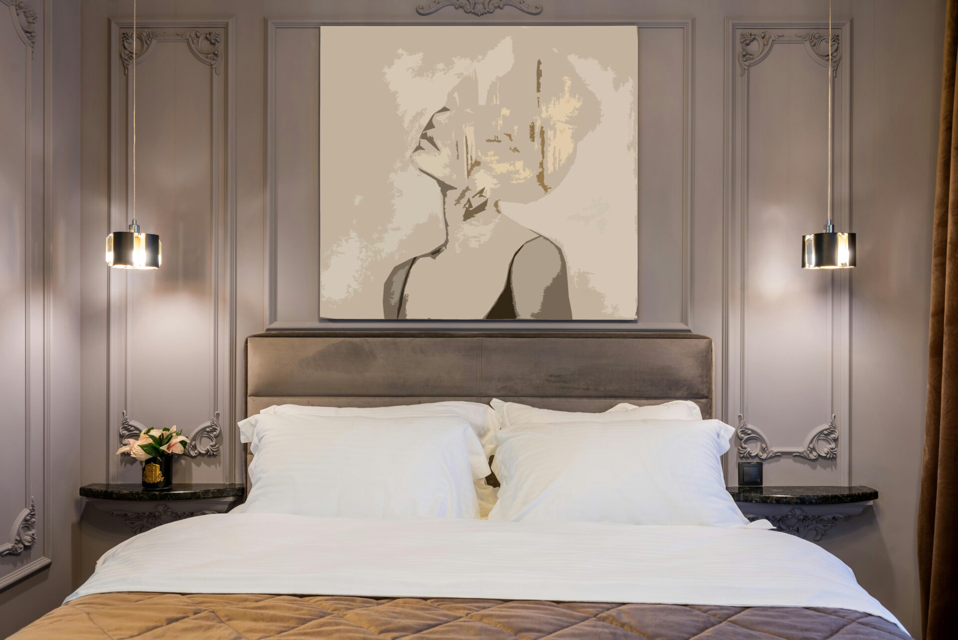 Canvas wall art above a modern bedroom bed showcasing canvas prints for home decor