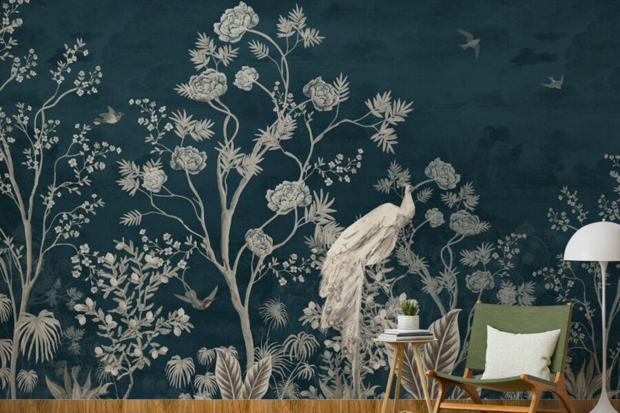 Peel-and-stick botanical wall mural with a peacock design covering a living room accent wall