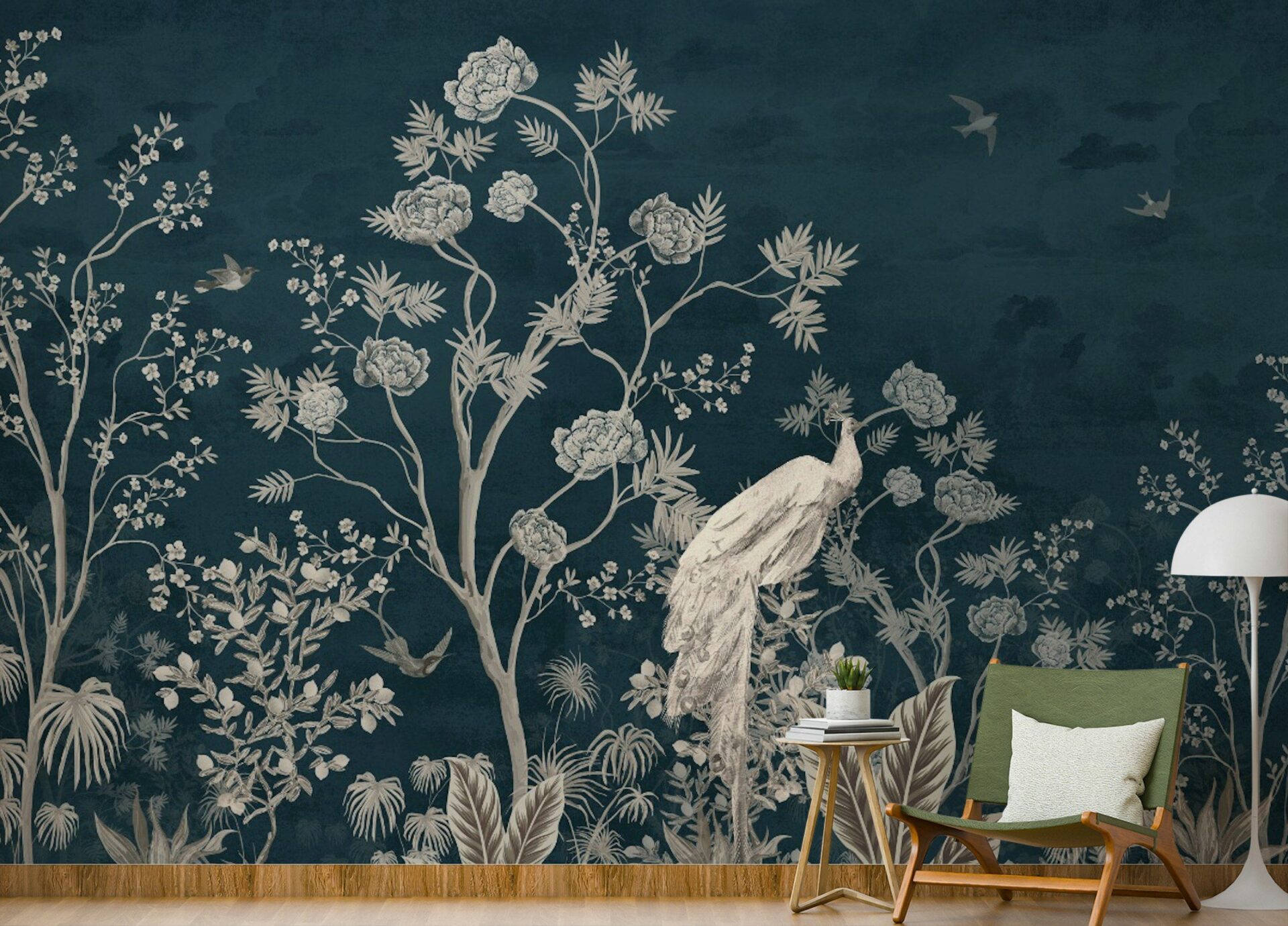 Peel-and-stick botanical wall mural with a peacock design covering a living room accent wall
