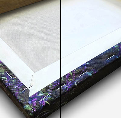Close-up of stretched canvas print showing foam core backing and wrapped canvas edges
