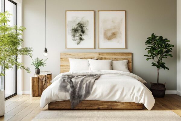 Tranquil bedroom featuring calming framed wall art and natural wood decor to enhance mood.