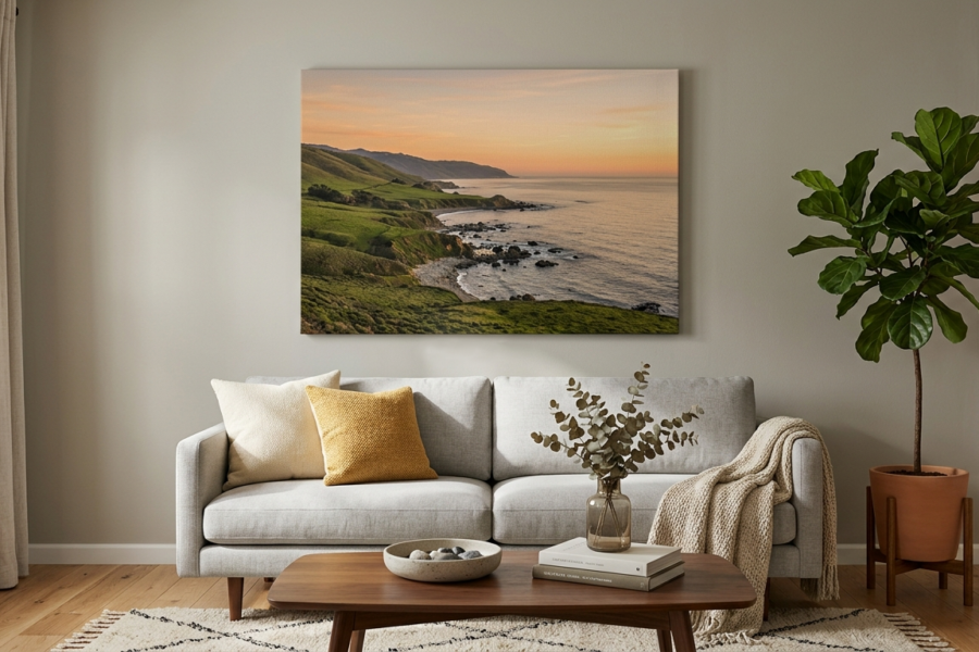 photo turned into canvas photo wall art on a living room wall