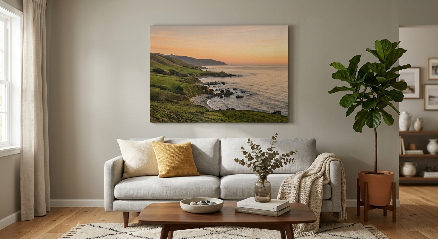 photo turned into canvas photo wall art on a living room wall